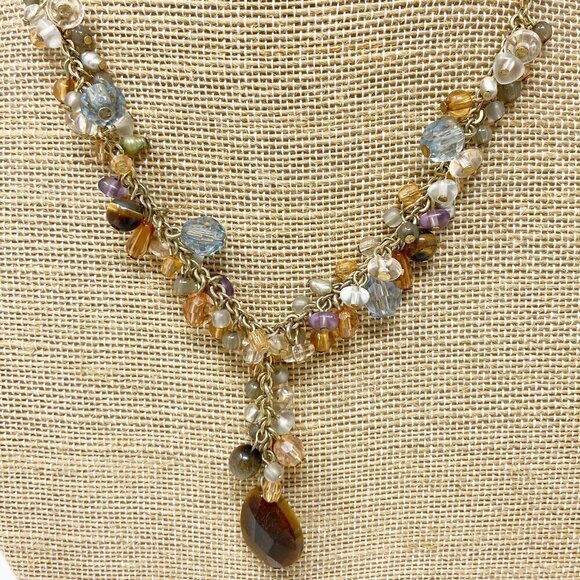 Neutrals & Brown Beaded clusters w/Center Dangle Pendant on gold tone chain - Picture 2 of 6